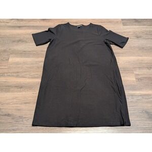 Eileen Fisher Womens Large Black Viscose Knit Short Sleeve Shift Dress Side Zip